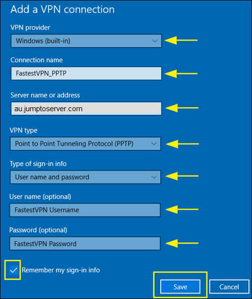 Windows 10 PPTP Built-in